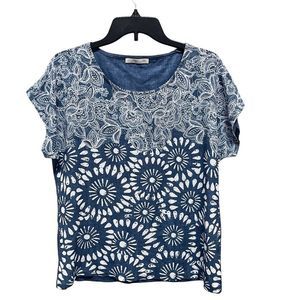 Armand Thiery Blue White Top Blouse Women's Medium Short Sleeve Tee Scoopneck